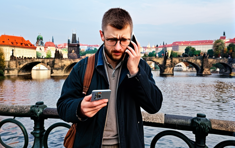 **

*   **Prompt:** A traveler looking overwhelmed while holding a massive phone bill in front of the Charles Bridge in Prague. Emphasize the beautiful scenery contrasted with the traveler's frustration.

**